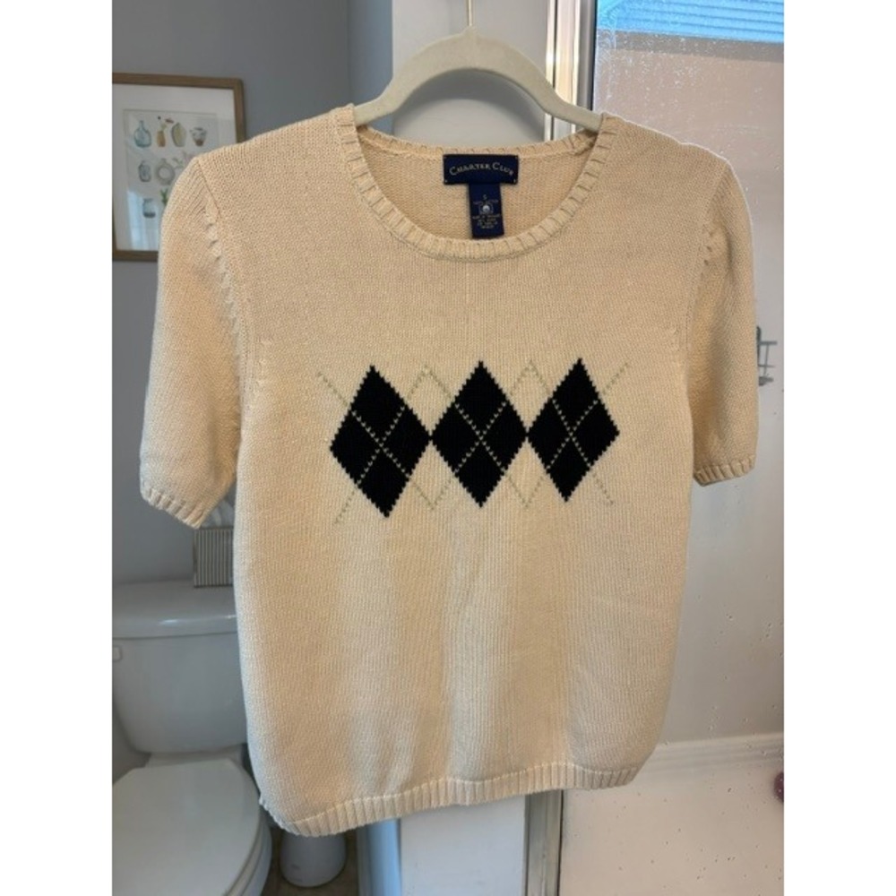 Charter Club Argyle Short Sleeve Sweater Women's Small Cream Cotton Preppy Knit